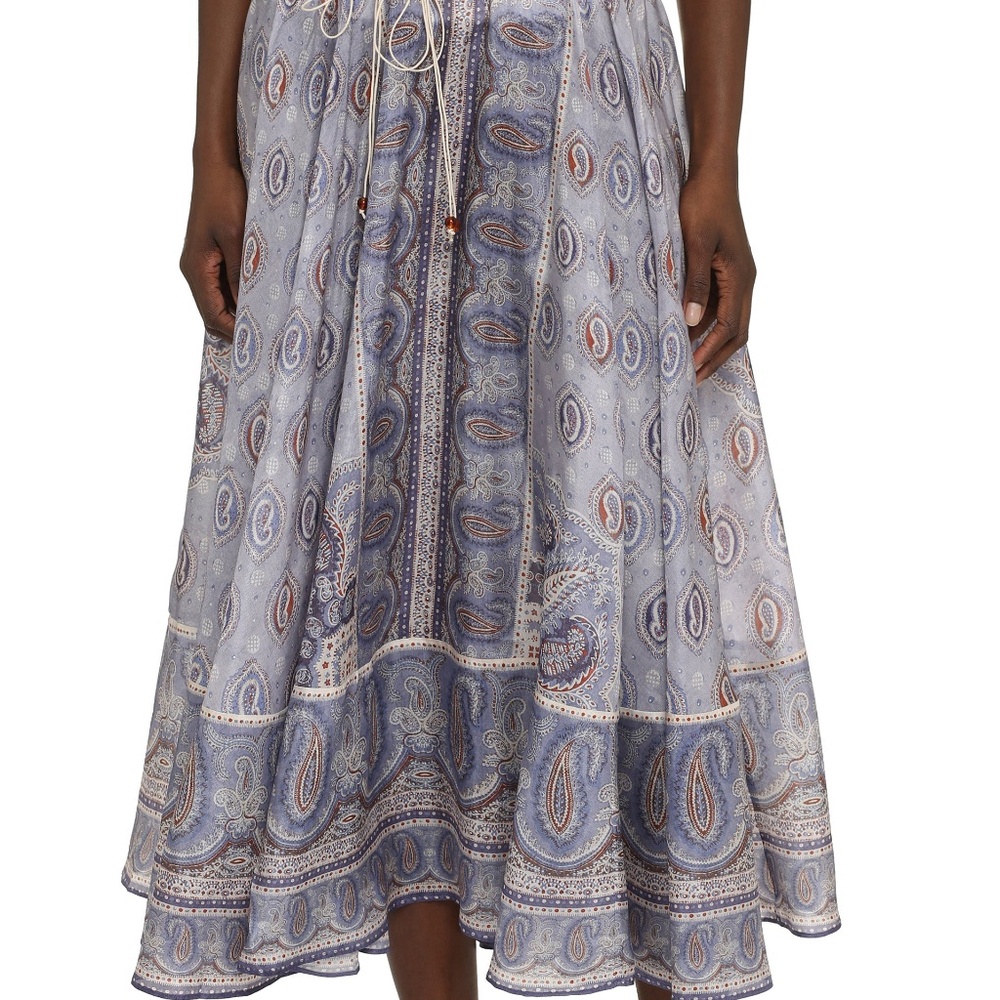 Zimmermann Vitali Belted A-Line Print Silk Maxi Skirt 1 (4-6) Blue Paisley